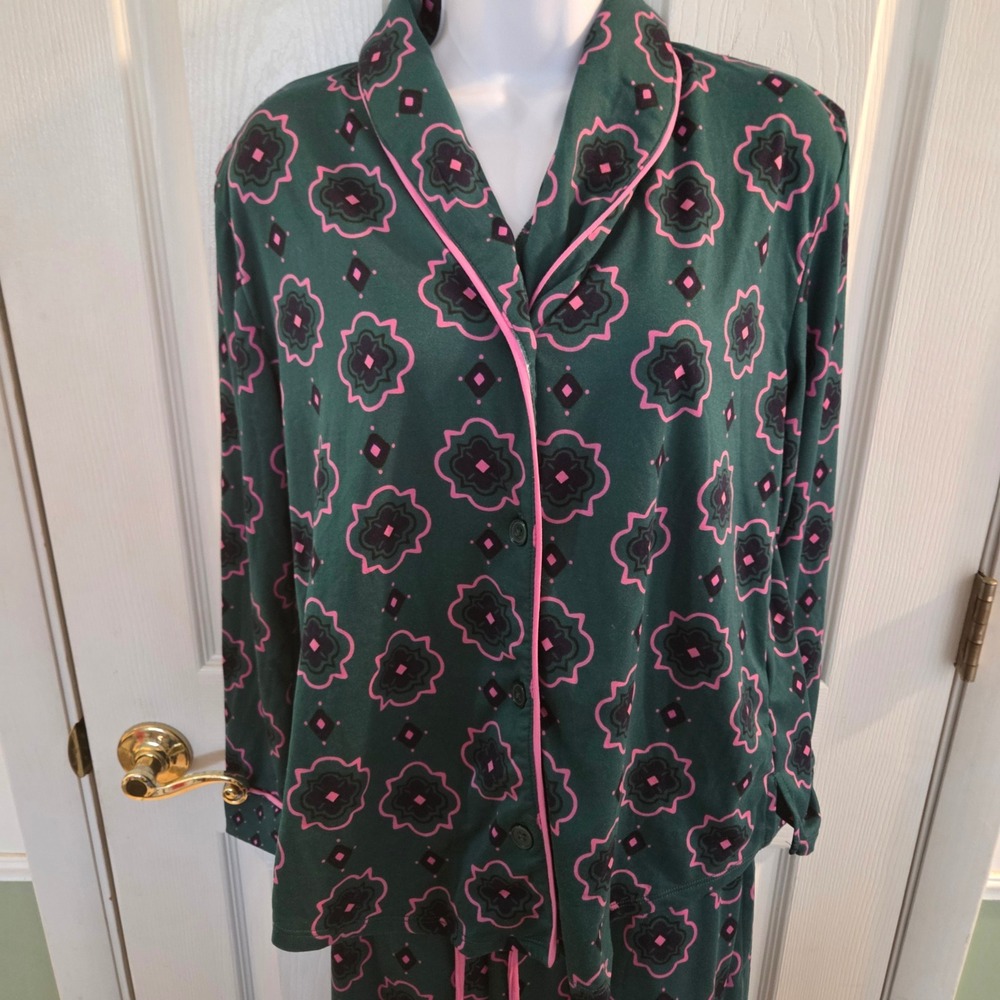 Room Service Womens Pajama Set Medium Teal Pink Geometric Floral 2 Piece Sleep - Picture 2 of 7